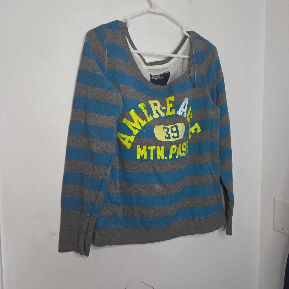 American Eagle Outfitters Womens L Striped Scoop Neck Graphic Sweatshirt Blue